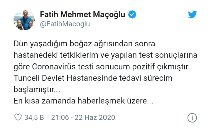 Fatih Mehmet Maçoğlu korona virüsüne yakalandı